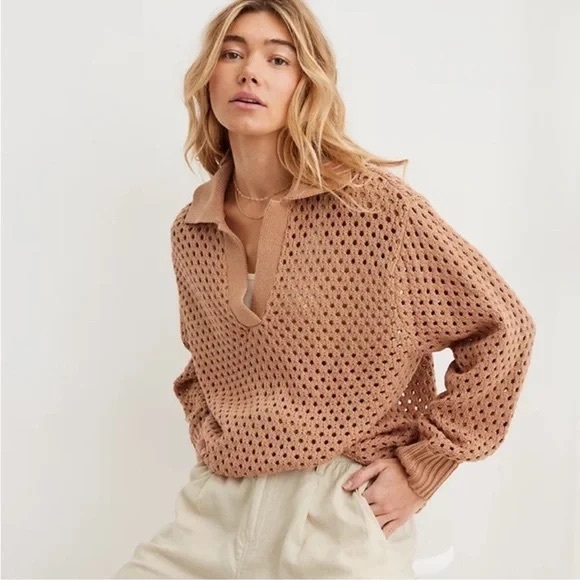 aerie Sweaters - Aerie Open Knit Polo Collared Neck Sweater Oversized Tan Cotton